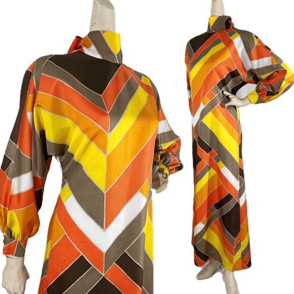 Vintage 1970s Maxi Dress Bold Geometric Print Orange Brown Neck Scarf - Picture 1 of 7